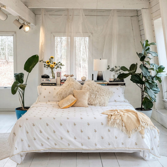 Fields of Gold bedsheet set on a bed with mohair pillows, yellow floral motifs on white percale