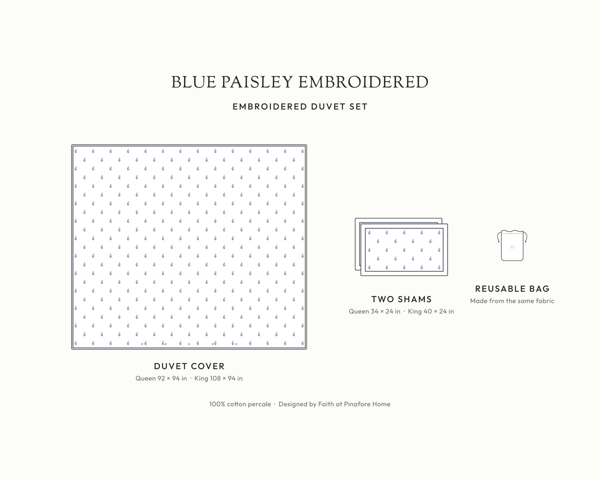 What's in the Blue Paisley Embroidered duvet set: duvet cover, two shams and reusable fabric bag, with sizes