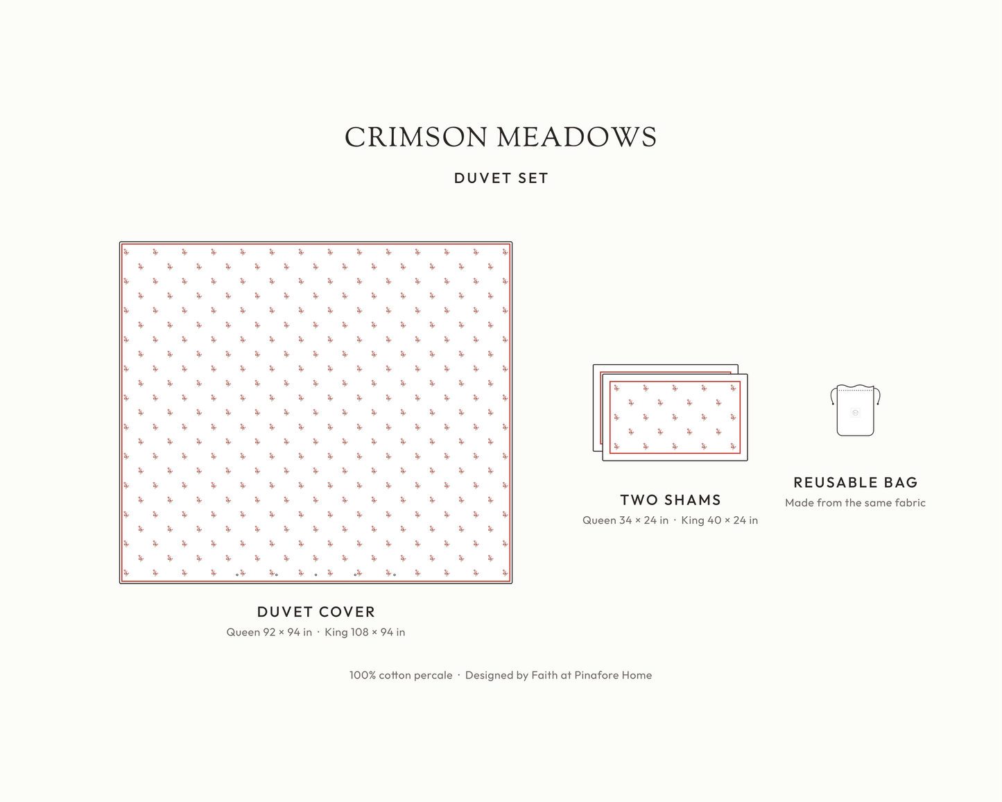 What's in the Crimson Meadows duvet set: duvet cover, two shams and reusable fabric bag, with sizes