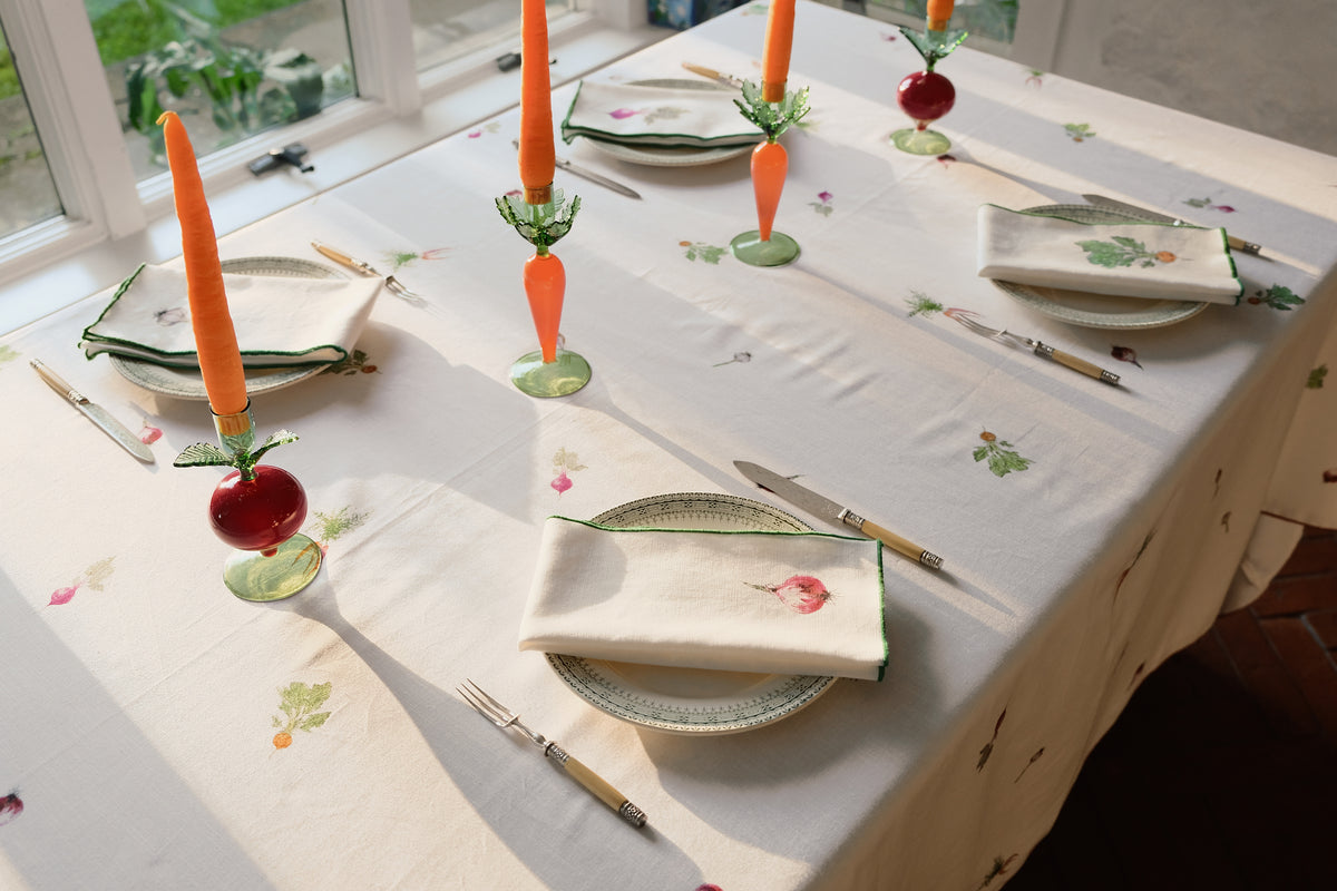 Root Vegetable Tablecloth set for dinner with carrot candlesticks and Root Vegetable Napkins