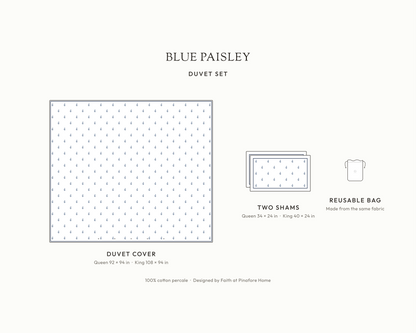 What's in the Blue Paisley duvet set: duvet cover, two shams and reusable fabric bag, with sizes