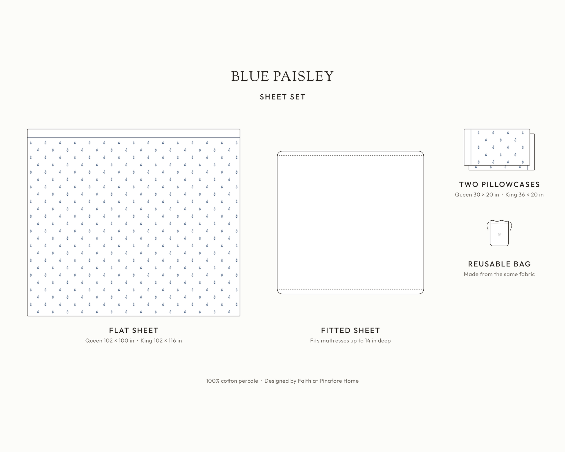 What's in the Blue Paisley sheet set: flat sheet, two pillowcases, white fitted sheet and reusable fabric bag, with sizes