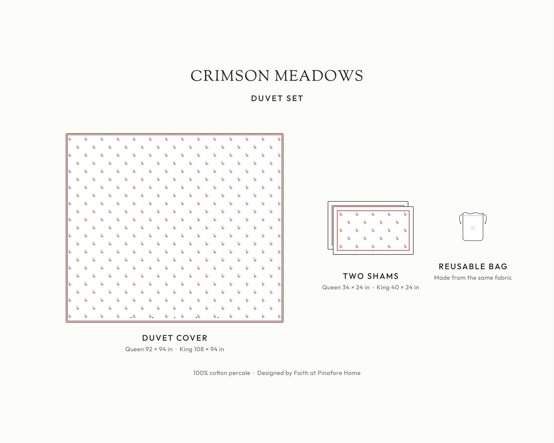 What's in the Crimson Meadows duvet set: duvet cover, two shams and reusable fabric bag, with sizes