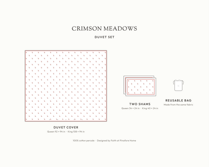 What's in the Crimson Meadows duvet set: duvet cover, two shams and reusable fabric bag, with sizes