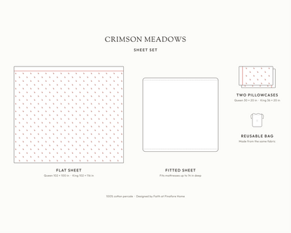 What's in the Crimson Meadows sheet set: flat sheet, two pillowcases, white fitted sheet and reusable fabric bag, with sizes
