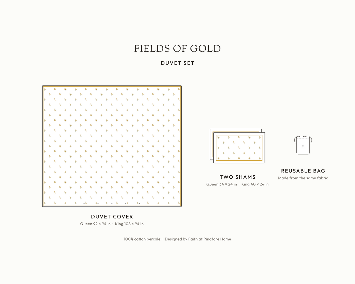 What's in the Fields of Gold duvet set: duvet cover, two shams and reusable fabric bag, with sizes