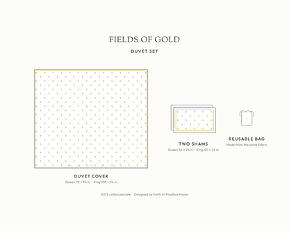 What's in the Fields of Gold duvet set: duvet cover, two shams and reusable fabric bag, with sizes