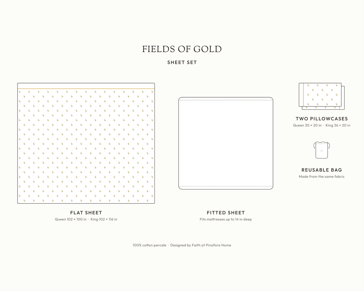 What's in the Fields of Gold sheet set: flat sheet, two pillowcases, white fitted sheet and reusable fabric bag, with sizes